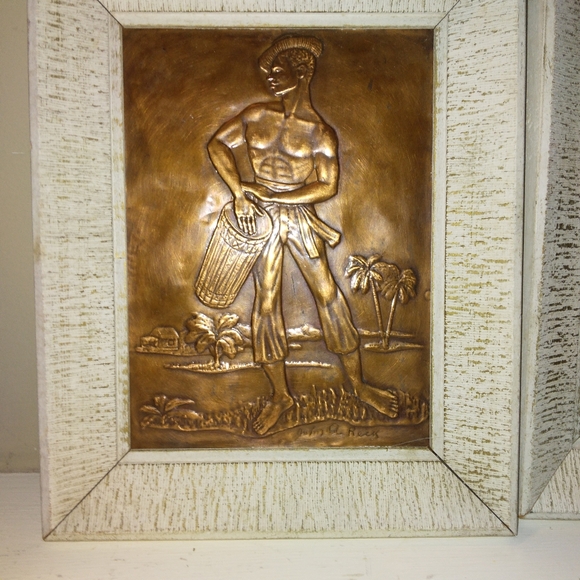 Mid Century Framed Embossed Press Copper Island Man and Woman Art Decor. - Picture 9 of 11